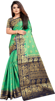 PICKWELL Woven Banarasi Cotton Silk Saree(Green)