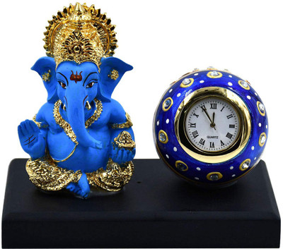 Saugat Traders Saugat Traders Decorative Lord Ganesha Statue with Table Watch for Home Decor, Car Dashboard, Office, Shop Inauguration, Mandir, Temple Showpiece, Study Table, Housewarming, Gift, All Purpose (Blue) Decorative Showpiece - 8.9 cm(Polyresin, Blue)