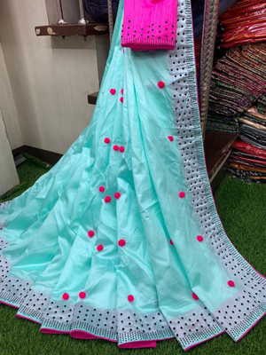MM VENTURE Embellished Kota Doria Art Silk Saree(Light Blue)