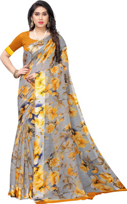 Nirvaan Printed Daily Wear Cotton Linen Saree(Mustard)