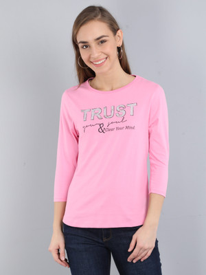 PIPER INTERNAATIONAL Printed Women Round Neck Pink T-Shirt