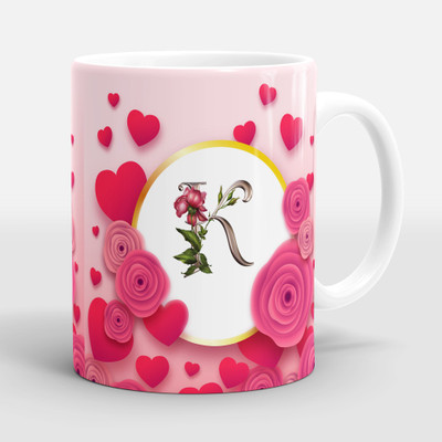 Sublikraft Letter K With Roses Printed Ceramic Coffee Mug(330 ml)