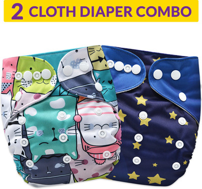 Bembika Cloth Polyester Diapers for Babies, Washable Reusable Diaper Sizes Adjustable Ellie Moon and Cat Doodle No Inserts Included (0-2 Years) -Combo of 2