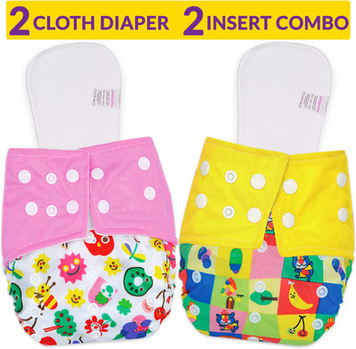 Bembika Cloth Diapers for Babies, Washable Reusable, Adjustable Sizes (2 Combo) (2 Dry Feel Inserts Included) (Yellow Doodle + Pink Doodle)