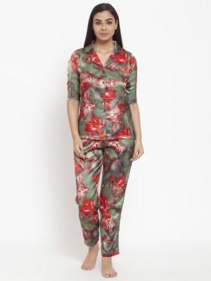 Claura Women Floral Print Green Shirt & Pyjama set