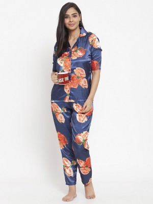 Claura Women Floral Print Blue Shirt & Pyjama set