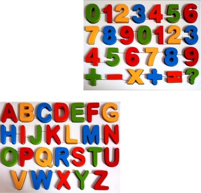 FLICK IN Wooden 3D Number Shape 0-9 and Capital Alphabet A-Z Letters Educational Learning Digital Montessori Puzzle Board Tray Games Toy for Kids (Multicolored)(2 Pieces)