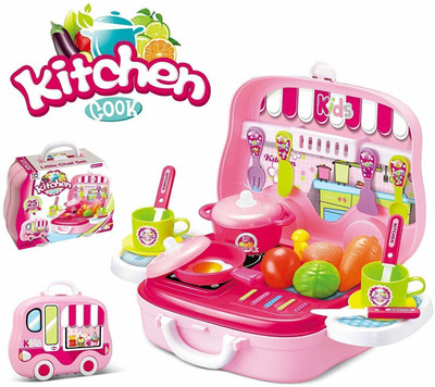 SWL Kitchen Cook Pretend Play Set Toy for Girls with Wheel Carry Case Suitcase , Play kitchen set