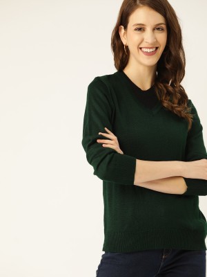 Dressberry Solid V Neck Casual Women Green Sweater