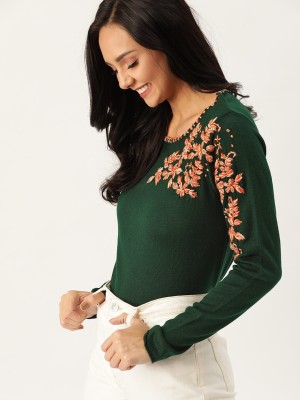 Dressberry Solid Round Neck Casual Women Green Sweater