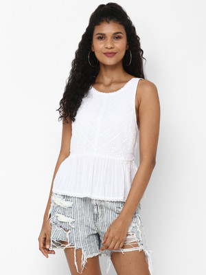 American Eagle Outfitters Casual Sleeveless Self Design Women White Top