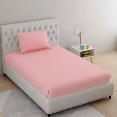 HELGA 210 TC Satin Single Striped Flat Bedsheet(Pack of 1, Light Peach)