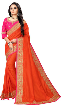 BHAKTI BHUSHAN CREATION Solid/Plain Bollywood Silk Blend Saree(Gold, Pink, Orange)
