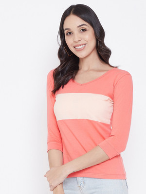 Heaven street Colorblock Women V Neck Multicolor T-Shirt