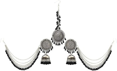 ZUKHRUF Zukhruf German Oxidised Silver Antique Traditional Maang Tikka with Earrings Jewellery Set for Women and Girls Beads German Silver Drops & Danglers, Chandbali Earring, Jhumki Earring