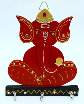 Serendipity Ganesha Key Holder Wood Key Holder(3 Hooks, Red)