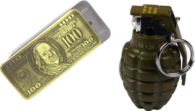 SLS FLAME 100 DOLLAR And PUB-G Military Grenade Shaped Lighter Red Flame Cigarette Pocket Lighter Pack Of 2 Pocket Lighter(Golden, Green)