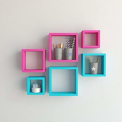 rizqarts Rizqart MDF Wall Shelf Square Shape Floating Wall Shelves Set of 6 (Standard, Pink & Sky Blue) Wooden Wall Shelf(Number of Shelves - 6, Pink, Blue)