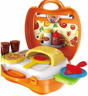 The SaGa Empire 22 Pcs Pretend Play Pizza Maker Playset Portable Suitcase Toy For Kids (Orange)