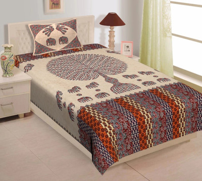 VIKANJALI FAB 104 TC Cotton Single Jaipuri Prints Flat Bedsheet(Pack of 1, Multicolor)