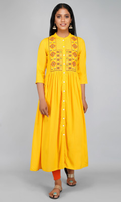 Royansh Women Embroidered A-line Kurta(Yellow)