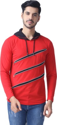 Black Collection Self Design, Solid Men Hooded Neck Red T-Shirt