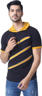 Black Collection Self Design Men Hooded Neck Black T-Shirt
