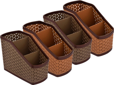 KUBER INDUSTRIES 3 Compartments Plastic Pen Pencil Holder, Plastic Cosmetics, Make Up Organizer(Brown & Beige)