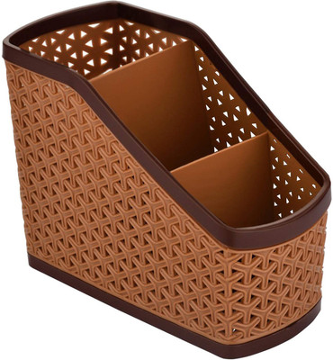 KUBER INDUSTRIES 3 Compartments Plastic Pen Pencil Holder, Plastic Cosmetics, Make Up Organizer(Beige)