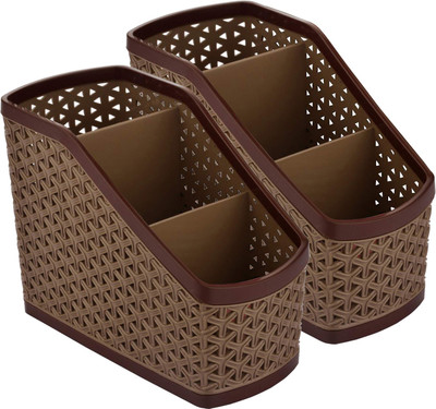 KUBER INDUSTRIES 3 Compartments Plastic Pen Pencil Holder, Plastic Cosmetics, Make Up Organizer(Brown)
