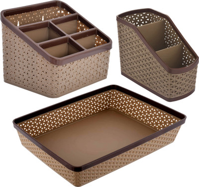 KUBER INDUSTRIES 9 Compartments Plastic Pen Pencil Holder, Plastic Cosmetics, Make Up Organizer(Brown)