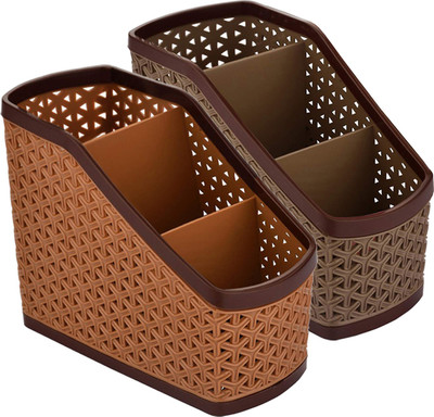 KUBER INDUSTRIES 3 Compartments Plastic Pen Pencil Holder, Plastic Cosmetics, Make Up Organizer(Brown & Beige)