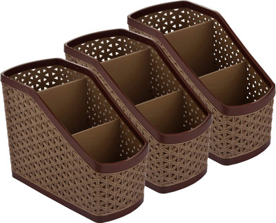 KUBER INDUSTRIES 3 Compartments Plastic Pen Pencil Holder, Plastic Cosmetics, Make Up Organizer(Brown)