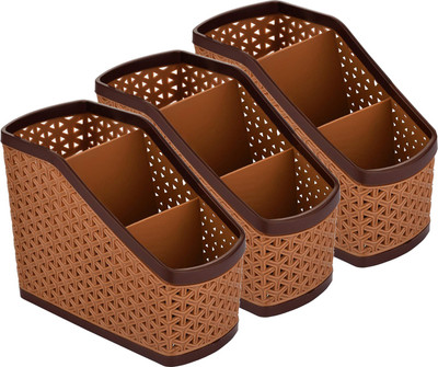 KUBER INDUSTRIES 3 Compartments Plastic Pen Pencil Holder, Plastic Cosmetics, Make Up Organizer(Beige)