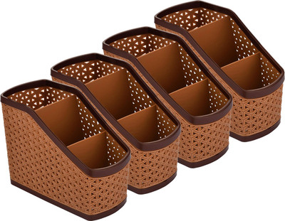KUBER INDUSTRIES 3 Compartments Plastic Pen Pencil Holder, Plastic Cosmetics, Make Up Organizer(Beige)