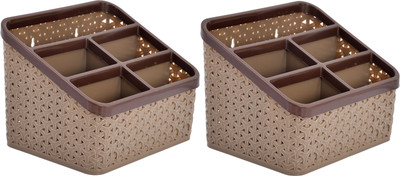 KUBER INDUSTRIES 10 Compartments Plastic Pen Pencil Holder, Plastic Cosmetics, Make Up Organizer(Brown)