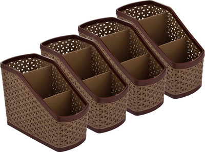 KUBER INDUSTRIES 3 Compartments Plastic Pen Pencil Holder, Plastic Cosmetics, Make Up Organizer(Brown)