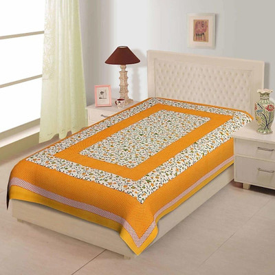 BLFR Cotton Single Flat 300 TC Jaipuri Prints Bedsheet(Pack of 1, Yellow, White)