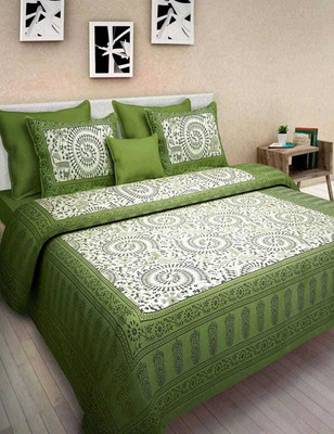 PVB 200 TC Cotton, Viscose Double Jaipuri Prints Flat Bedsheet(Pack of 3, Green)