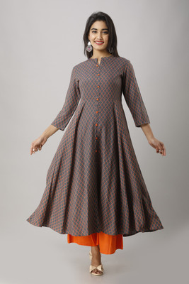 MAHAGEETA Women Checkered Flared Kurta(Grey)