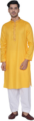 Manthan Men Self Design Straight Kurta(Yellow)