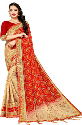 TINA FASHION Color Block Bandhani Chiffon Saree(Red, Beige)