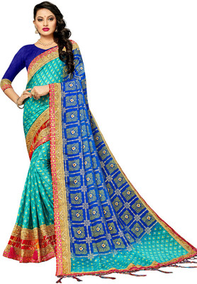 TINA FASHION Color Block Bandhani Chiffon Saree(Light Blue, Green)