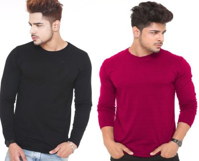 t-hustler Solid Men Round Neck Maroon, Black T-Shirt