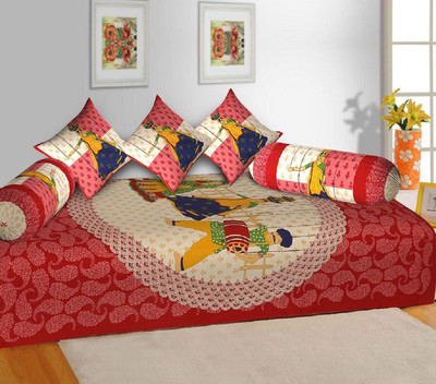 Unique Style Cotton Abstract Diwan Set(Red)