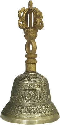Purpledip Bell Metal Tribhu (Ghanta) Bell with Dorje Handle: Buddhist Tibetan Meditation Prayer Musical Instrument, Small Brass Dorje Bell(Gold, Pack of 1)