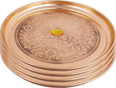 Shivshakti Arts Pure Brass Dinner Plate | Thali Set For Pooja & Serving Purpose (Engraved Flower Design, 12 Inch) - 4 Piece Dinner Plate(Pack of 4)