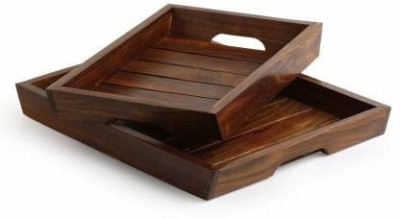 CraftKemp Handamde RoseWood Serving Tray Set of 2 - Stripped Wooden Tray - Great for Food and Drink - Wood Serving Tray // Standard Size Brown Tray (2 Tray) Tray(Pack of 2, Microwave Safe)