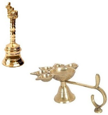 Adhvik Combo of 5 Face Puja Camphor Burner Lamp Punch Aarti ( 1 No ) Diya With Nandi Head Small Size Puja Bell Brass(Gold)