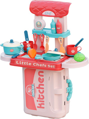 FIDDLERZ 3 in 1 Pretend to Play Little Chef's Kitchen Set with Portable Suitcase Design | Kitchen Set for Girls - 19 Pcs